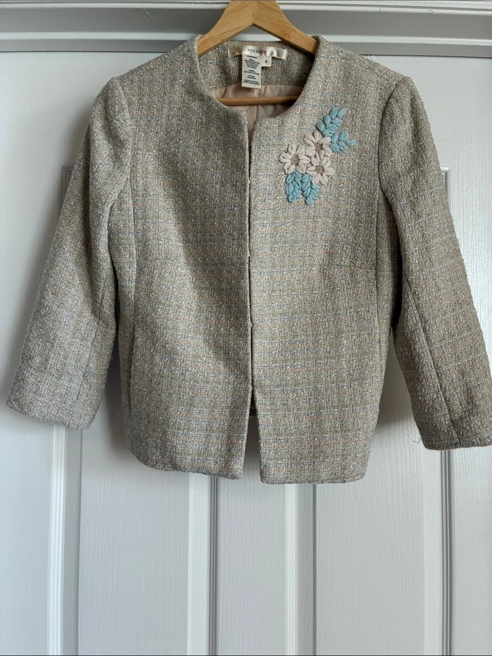 Vintage Studio M Tweed Crop Jacket Blazer Embroidered Floral Quiet Luxury